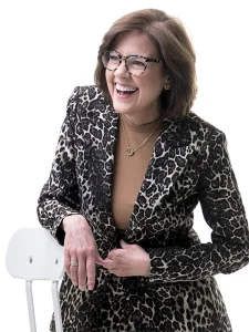 ann handley in leopard jacket